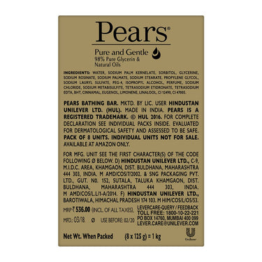 Pears Pure And Gentle Bathing Bar, 125g (Pack Of 8) & Natural Aloe Vera Detoxifying Soap Bar, 125 g (Pack of 3)